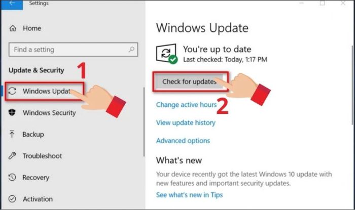 Nhấn vào Check for updates và đợi hệ thống tự động tìm kiếm và cài đặt các bản cập nhật mới