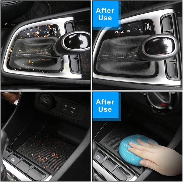 Before photo showing a car gear shift and center console covered in crumbs, and after photo of both areas spotless after using the blue cleaning gel