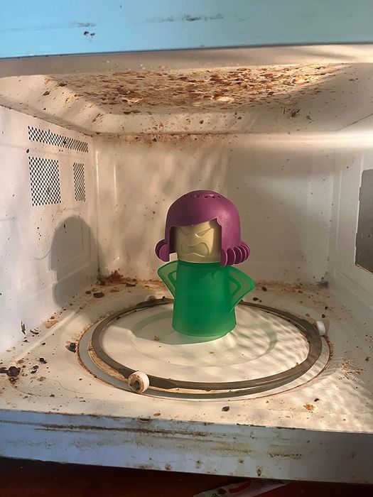 Reviewer's dirty microwave with the green and purple Angry Mama inside