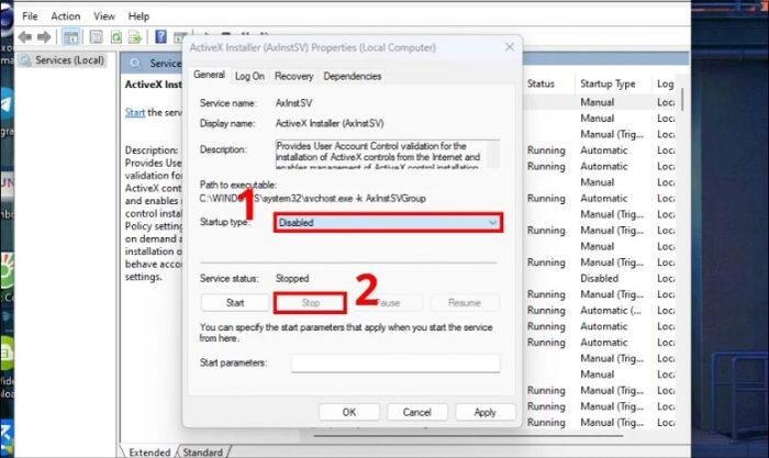 Trong mục Startup type, để khóa chức năng, chọn Disable. Nếu muốn dừng nó, chọn Stop