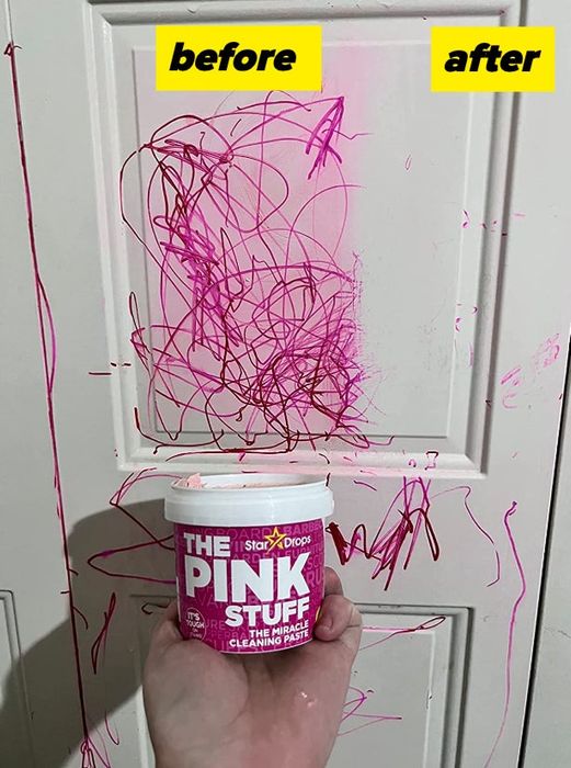 A reviewer's wall with pink marker stains before and after cleaning with the Pink Stuff