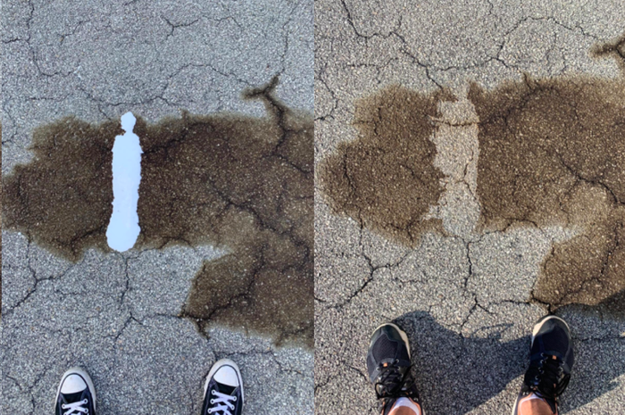 A series of customer review photos showing an oil stain being successfully removed from the sidewalk