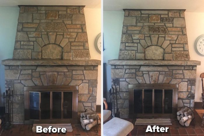 A fireplace before using the kit, looking dull and lifeless, then the same fireplace after, with each stone's detail visible and the stones in various brighter shades