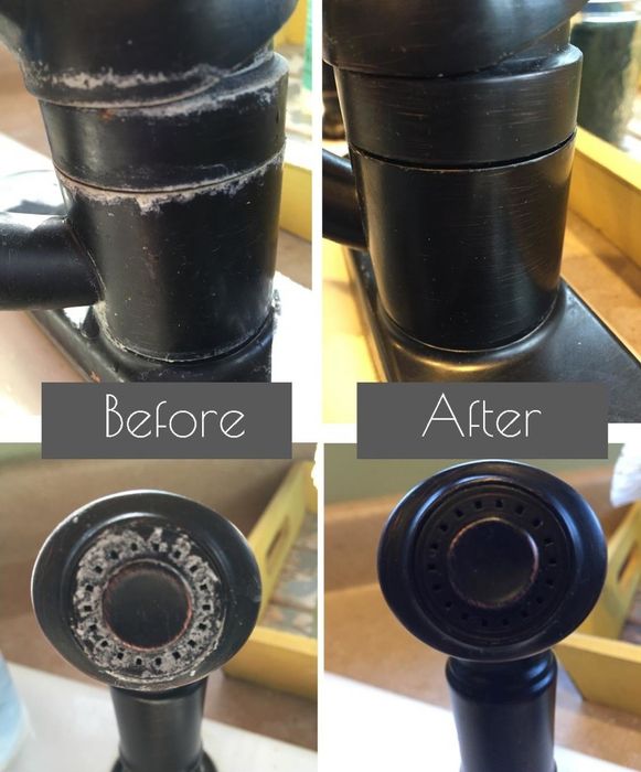 Grid showing four images: two before shots of an oil-rubbed bronze faucet covered in white mineral residue, and two after images where the residue is completely gone.