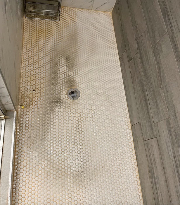 A customer review photo showing one half of their shower floor cleaned.