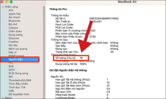 Trong mục Nguồn điện, bạn sẽ thấy thông tin Số lượng chu kỳ, đây chính là số lần sạc của MacBook