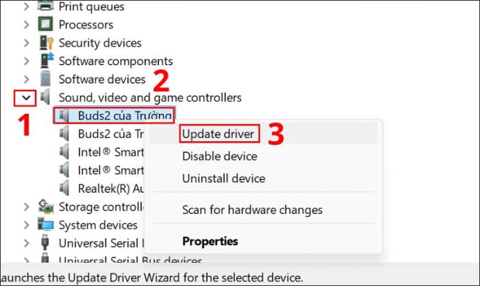 Chọn mục Sound, video and game controller và chọn Update Driver