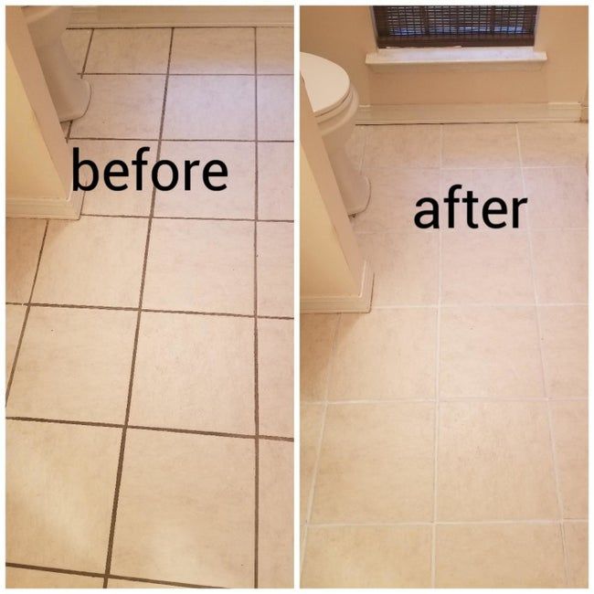 Before image of tiles with brown grout vs after image with bright white grout