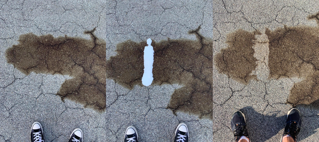 A series of customer photos showing the removal of an oil stain from a sidewalk