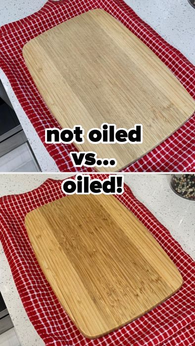 The reviewer’s cutting board before oiling, looking dry and pale, then after applying oil, it becomes glossy, darker, and its beautiful wood grain details are now more visible.