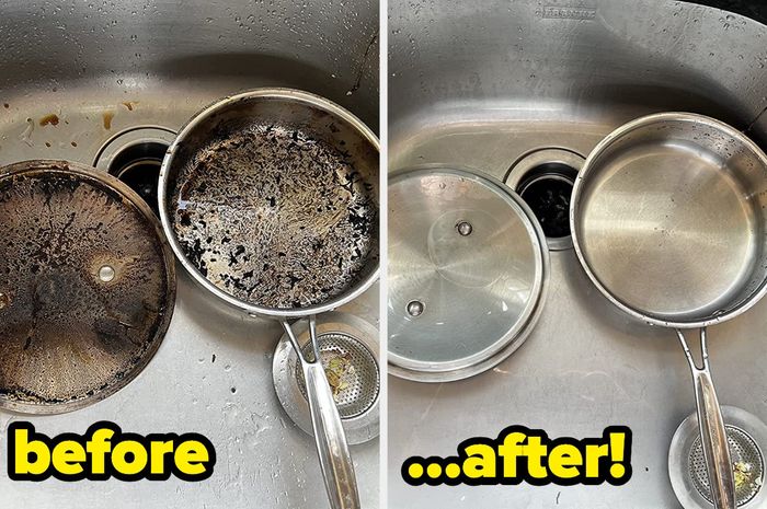 A reviewer's before photo showing a burnt, stained pan and after photo showing it sparkling clean