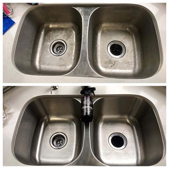 Top: a reviewer’s stainless steel double sink covered in stains / bottom: after using the cleaner, the stains are completely gone