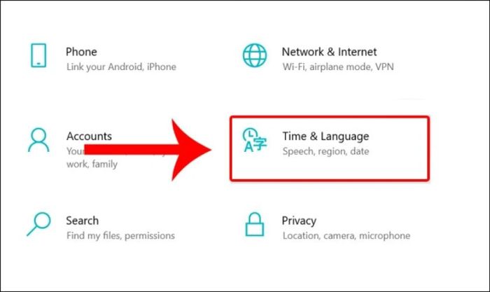 Chọn mục Time and Language để tiếp tục.
