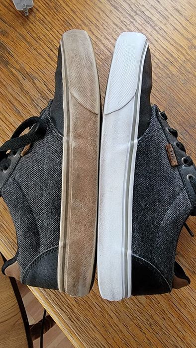 A reviewer's Vans sneaker soles before and after—dirt-covered to sparkling white and spotless
