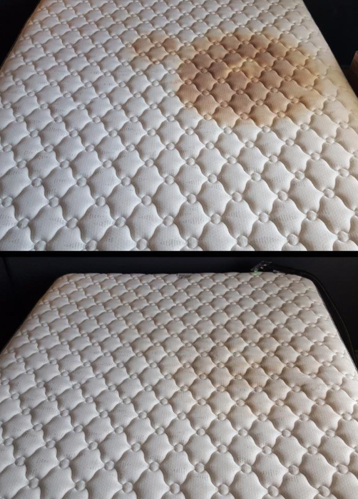 A before-and-after comparison of a mattress, showing a large brown stain on one side, which has been greatly reduced after using the cleaning method.