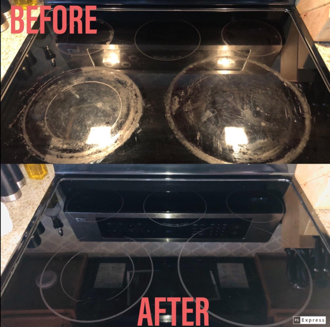 A dirty stove top covered in grime and scratches before using the kit, followed by a spotless, shiny stove top after cleaning it with the product