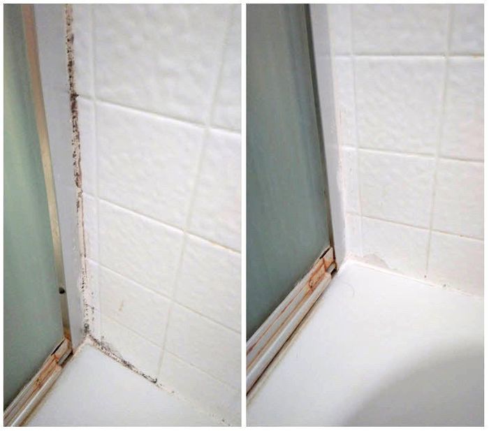 Left: reviewer’s before photo of pink tile and white grout with black mold. Right: after photo showing all the grout restored to white and clean