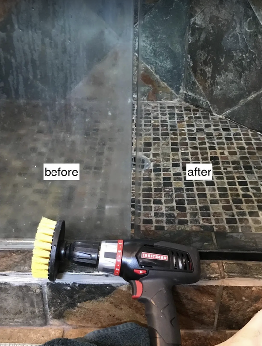 A before-and-after image showing a shower door with hard water stains, which has been completely restored to its pristine, clean state