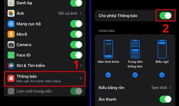 Tại mục Cho phép thông báo, gạt thanh trượt sang phải để bật quyền thông báo cho Zalo