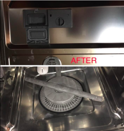 A reviewer's after photo showing the inside of their dishwasher with the buildup completely gone