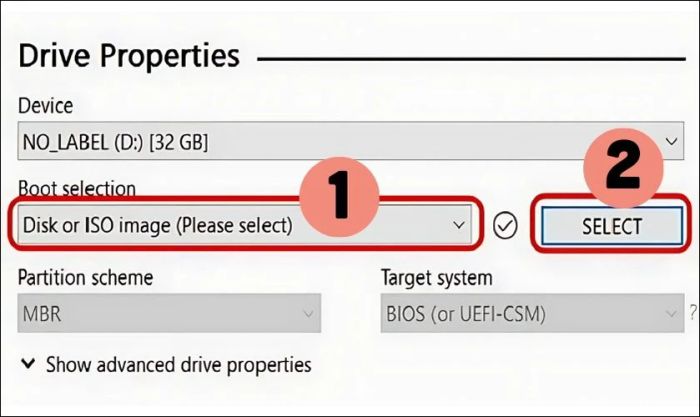 Chọn Disk or ISO image và nhấn Select