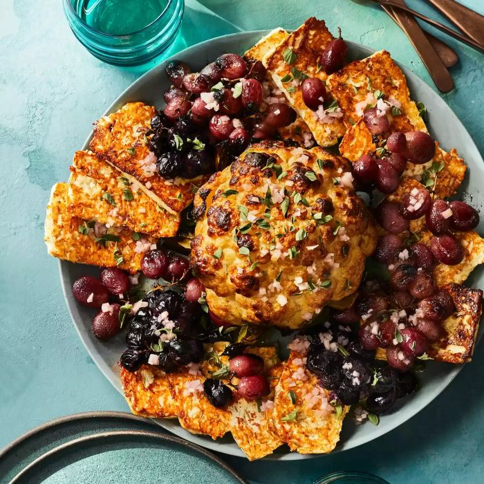 Whole Roasted Cauliflower with Grapes and Feta