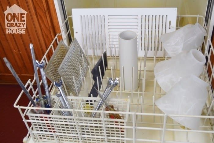 All the mentioned items inside the blogger's dishwasher.