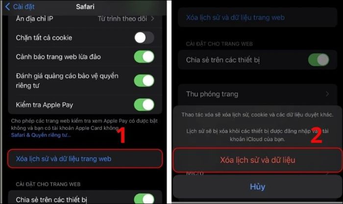 Tiếp tục cuộn xuống và chọn Xóa lịch sử và dữ liệu trang web