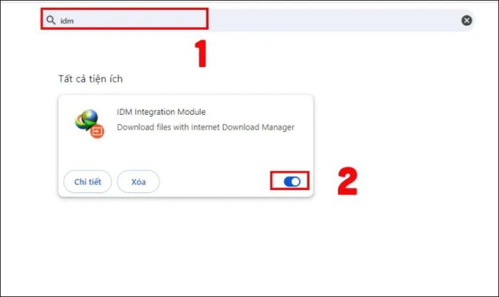 Trong danh sách tiện ích mở rộng, tìm tiện ích IDM và gạt công tắc sang phải để kích hoạt tiện ích này