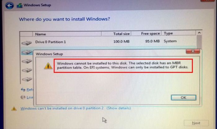 Lỗi The selected disk has an MBR partition table thường xảy ra trên hệ điều hành Windows