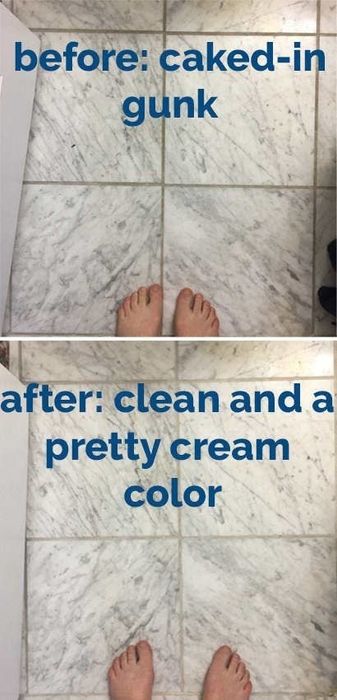 A two-photo comparison: (top) a shot of Mytour Editor, Natalie Brown's tiles covered in grime, (bottom) the same tiles now spotless after using the power scrubber