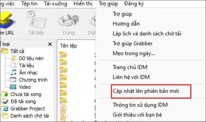 Trong giao diện IDM, click vào mục Trợ giúp (Help) trên thanh menu
