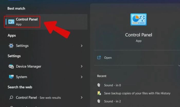 Gõ từ khóa tìm kiếm Control Panel