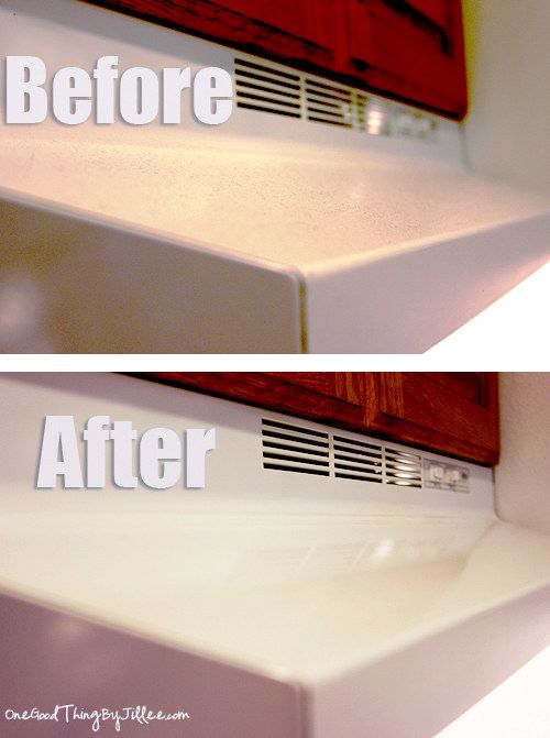 before: dusty white range hood, after: spotless hood with no dust in sight