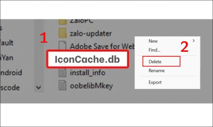 Xóa tệp IconCache.db bằng cách nhấn chuột phải và chọn Delete