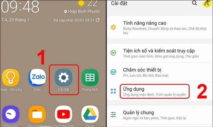 Mở ứng dụng Cài đặt và chọn mục Thông báo & Trung tâm Điều khiển (hoặc Ứng dụng)