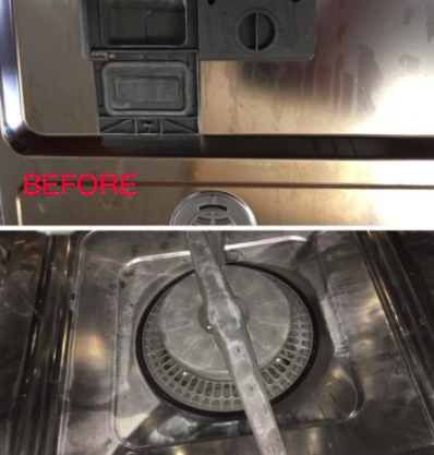 A reviewer's before photo showing the inside of their dishwasher with buildup