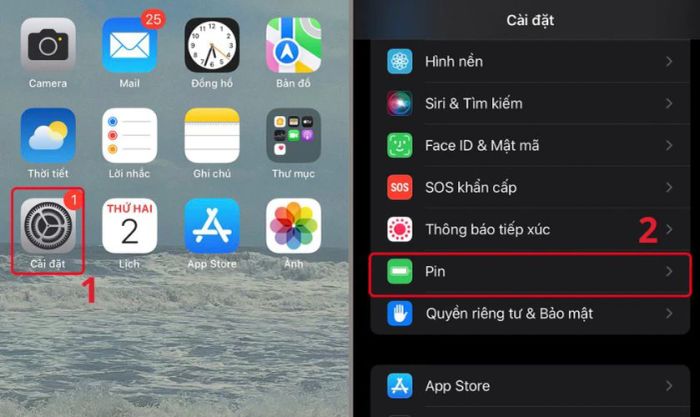 Truy cập vào mục Pin để xem tình trạng hiện tại của pin trên điện thoại của bạn