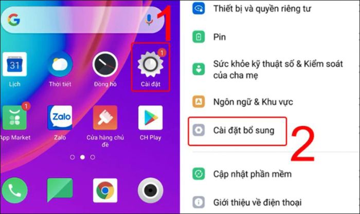 Bạn vào mục Cài đặt và chọn mục Cài đặt bổ sung