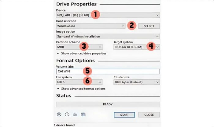 Thiết lập USB Boot theo hướng dẫn và nhấn Start