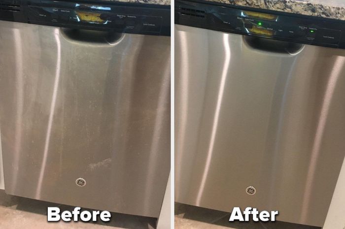 A reviewer's before and after photo showing a dirty dishwasher followed by the same dishwasher sparkling clean