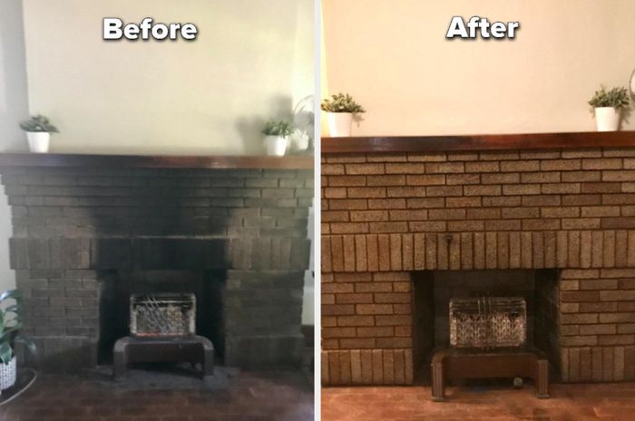 A fireplace before using the cleaner kit, with gray bricks and a large black stain running from the firepit to the mantle. After use, the bricks are vibrant red, with no sign of the stain