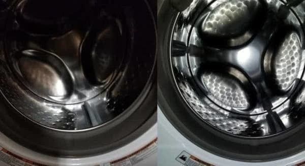 On the left, the interior of a washing machine looking grimy and dark, and on the right, the same washing machine now looking brighter and more polished