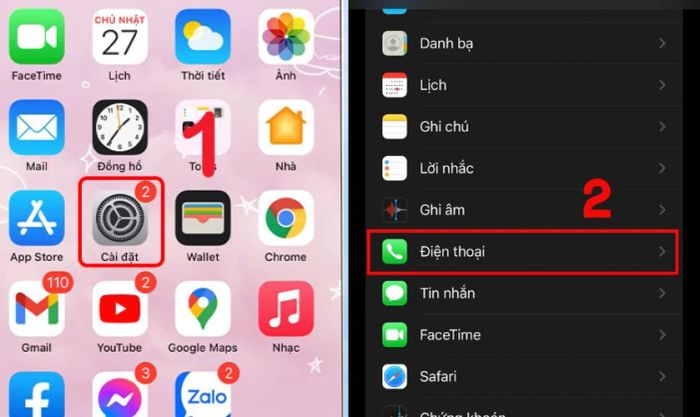 Vào Cài đặt, chọn Điện thoại