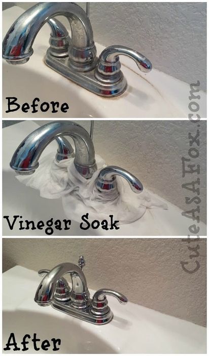 A blogger's faucet before, looking dirty; then wrapped with vinegar-soaked paper towels; followed by a shiny and clean faucet after the treatment.