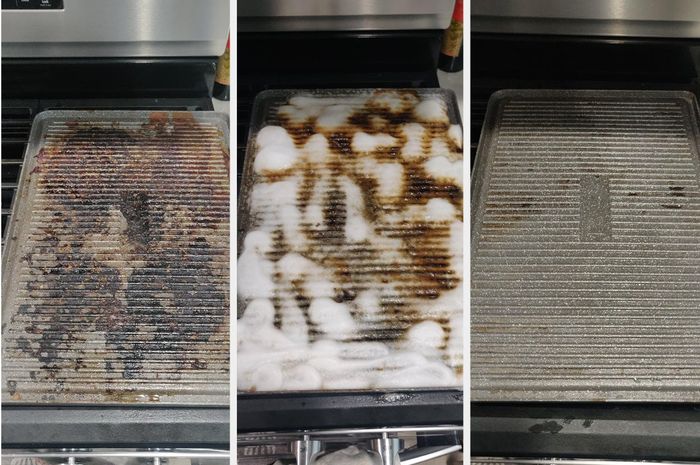 Reviewer’s progression photo showing a griddle with grease stains, followed by it being sprayed with Dawn Powerwash, and finally, the griddle fully cleaned