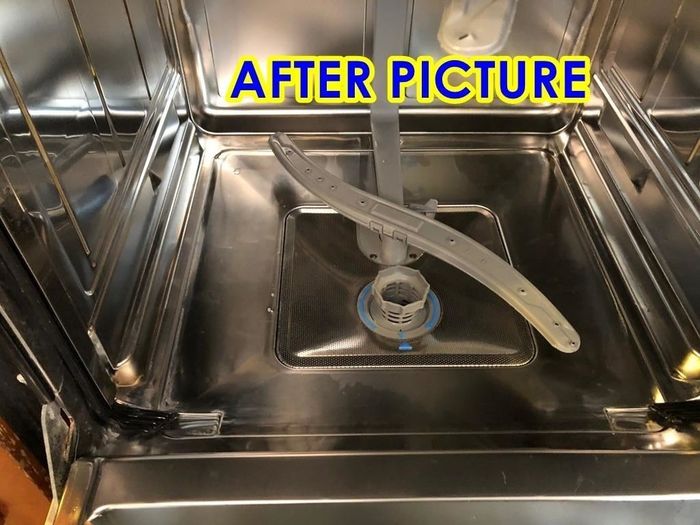 After: the same dishwasher, now spotless and gleaming, with no remaining water spots.