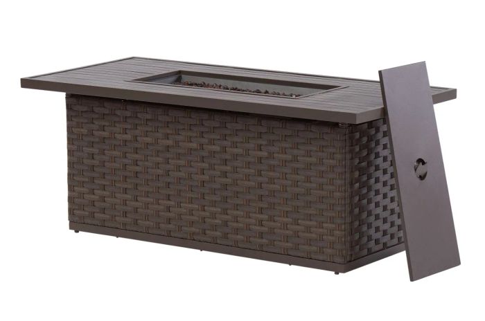 A dark wicker fire pit table, offering a warm and stylish focal point for your outdoor setting.