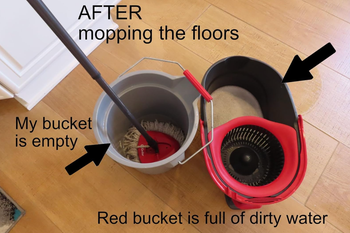 Two buckets after floor cleaning, one containing a mop and the other holding dirty water. Text overlay highlights the scene