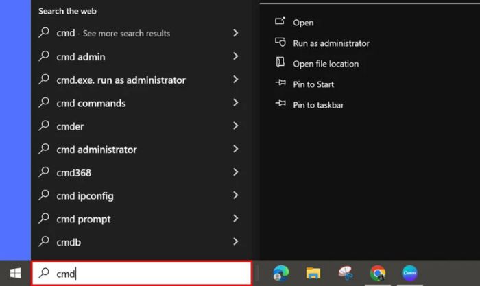 Trên thanh tìm kiếm, gõ lệnh Cmd để mở Command Prompt